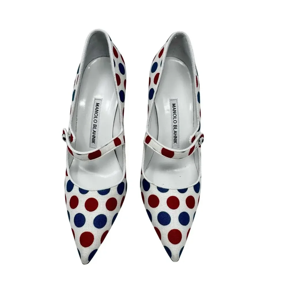 Manolo Blahnik Campari Polka Dot Linen Mary Jane Pumps 36 US 6 Heels Box 105mm